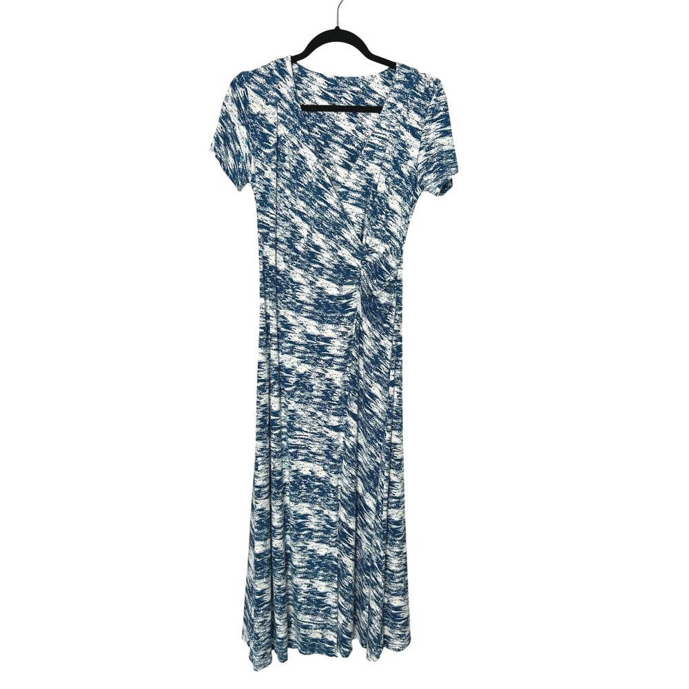 Soft Surroundings faux wrap maxi Dress S Blue White Abstract vacation travel